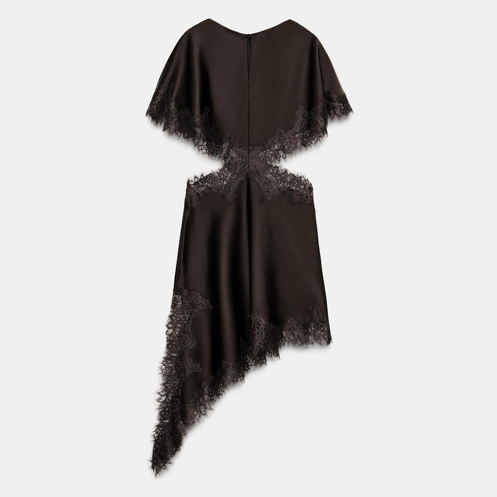 Zara NWT ZW Collection Brown Satin & Lace Cut Out Asymmetric Midi Dress (Large) - Picture 7 of 10